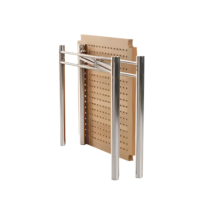 The Sundeck Folding Table features a metal frame with four cylindrical legs and a rectangular perforated wood panel, shown upright on a white background.