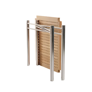 The Sundeck Folding Table features a metal frame with four cylindrical legs and a rectangular perforated wood panel, shown upright on a white background.