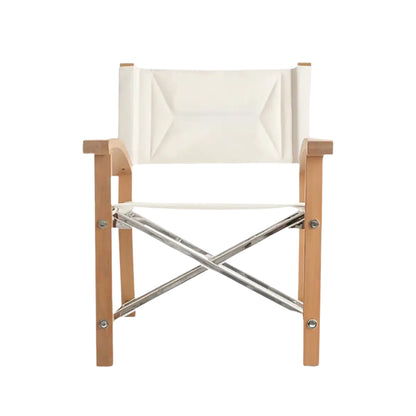 The Sundeck Director's Chair features a teak wooden frame, white canvas seat and backrest, and marine-grade stainless-steel crossbars, shown against a white background.