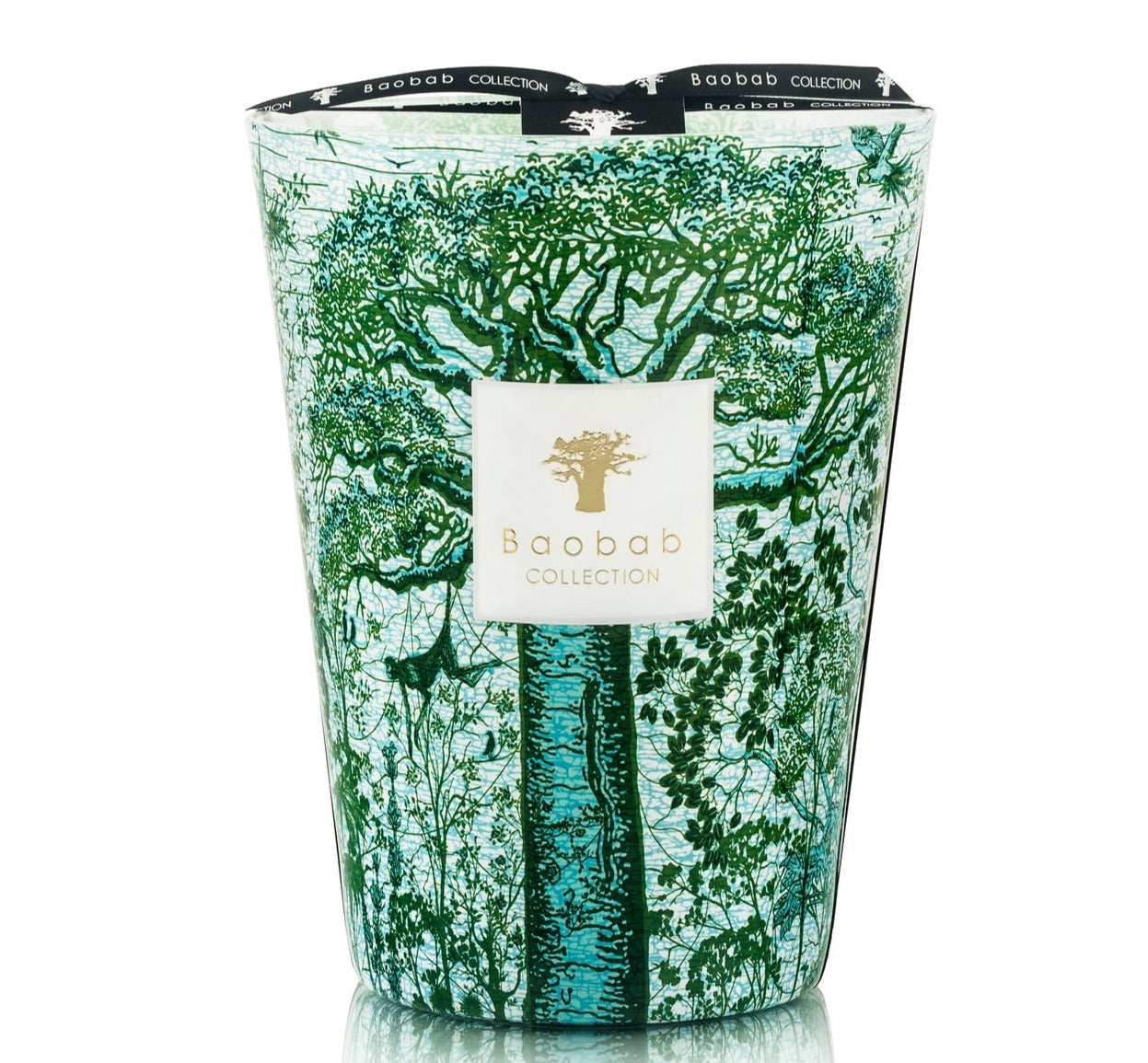 A green and white decorative Baobab Collection Sacred Trees Kamalo Candle features an illustrated tree design and branded label, offering the soothing aroma of a Lavender candle.