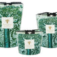 Three Baobab Collection Sacred Trees Kamalo Candles of different sizes are arranged together, featuring green and blue artistic designs of trees with black lids and a logo label on the front. The collection includes a delightful Verbena candle that adds a refreshing aroma to any space.