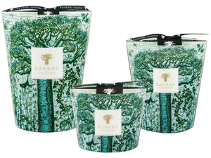 Three Baobab Collection Sacred Trees Kamalo Candles of different sizes are arranged together, featuring green and blue artistic designs of trees with black lids and a logo label on the front. The collection includes a delightful Verbena candle that adds a refreshing aroma to any space.