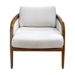 The Schooner Lounge Chair in Outdoor Ivory Chenille features a wooden frame with white upholstered seat and back cushions, shown front-facing on a plain white background—ideal for coastal living or elevating your beach-inspired decor.