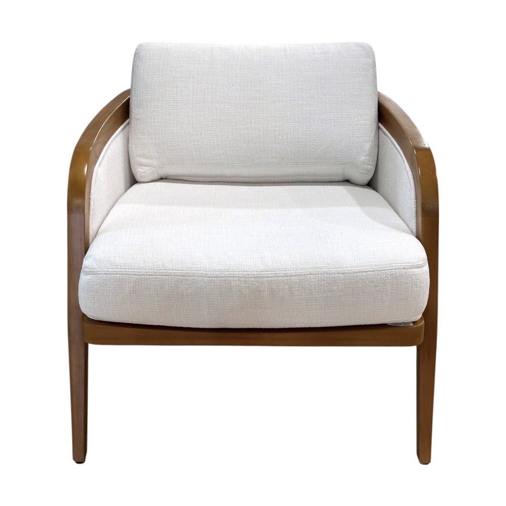 The Schooner Lounge Chair in Outdoor Ivory Chenille features a wooden frame with white upholstered seat and back cushions, shown front-facing on a plain white background—ideal for coastal living or elevating your beach-inspired decor.