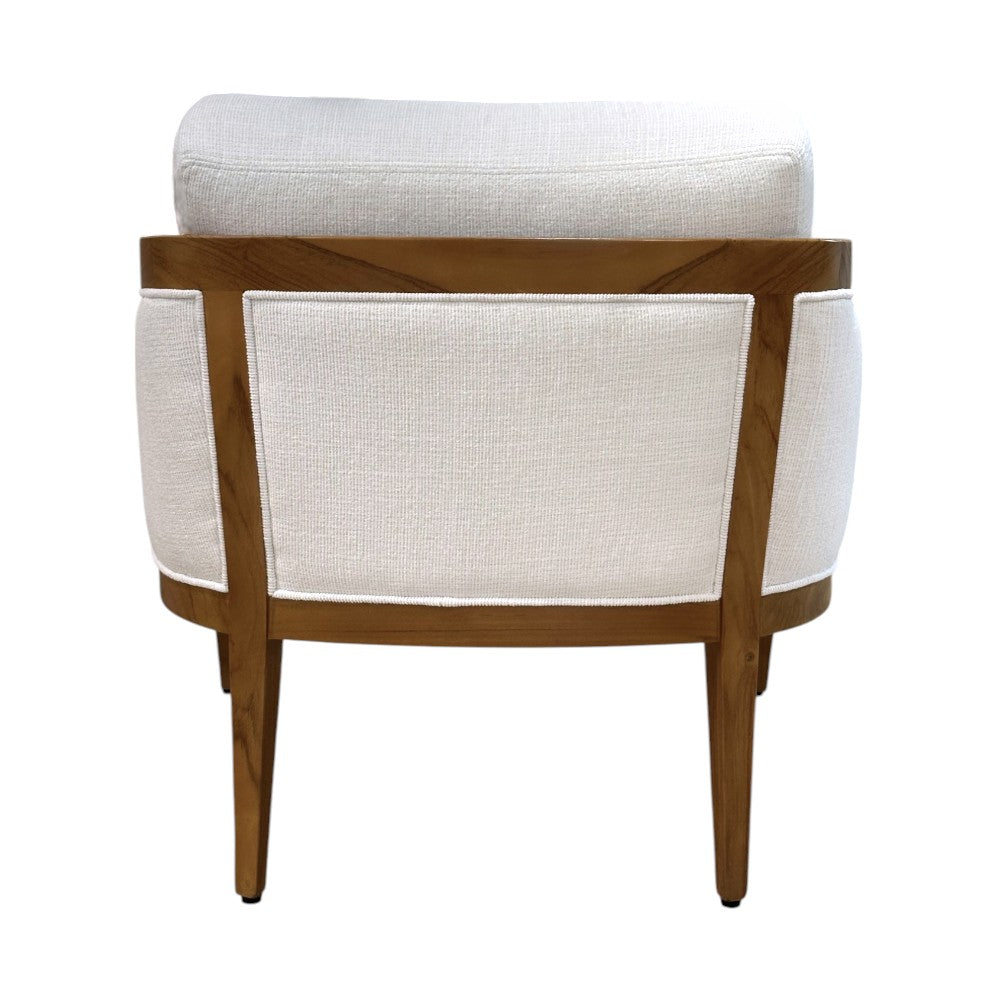 The Schooner Lounge Chair in Outdoor Ivory Chenille features a light wood frame and white upholstered panels, viewed from the back against a white background, embodying the relaxed elegance of coastal living.