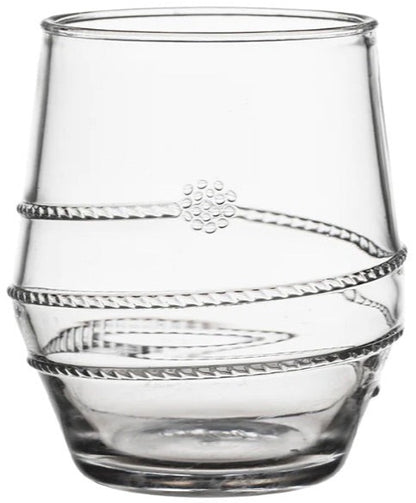 The Juliska Amalia Acrylic Collection features a transparent drinking glass with a decorative horizontal twisted design and a small embossed pattern, offering practical indulgence for the adventurous entertainer.