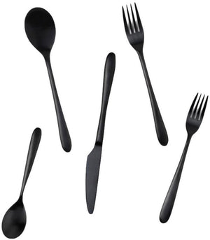 A Blue Pheasant Alba 5 Piece Flatware Set, Black, consisting of a spoon, a teaspoon, a knife, and two forks, elegantly arranged on a white background—perfect for everyday use.