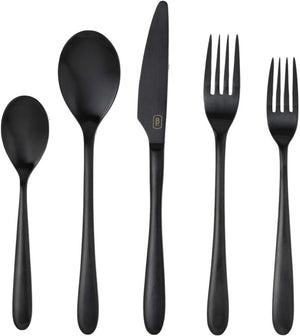 A set of five black matte utensils from the Blue Pheasant Alba 5 Piece Flatware Set, Black includes a teaspoon, tablespoon, knife, dinner fork, and salad fork, arranged in a row against a white background. This elegant flatware is perfect for everyday use.