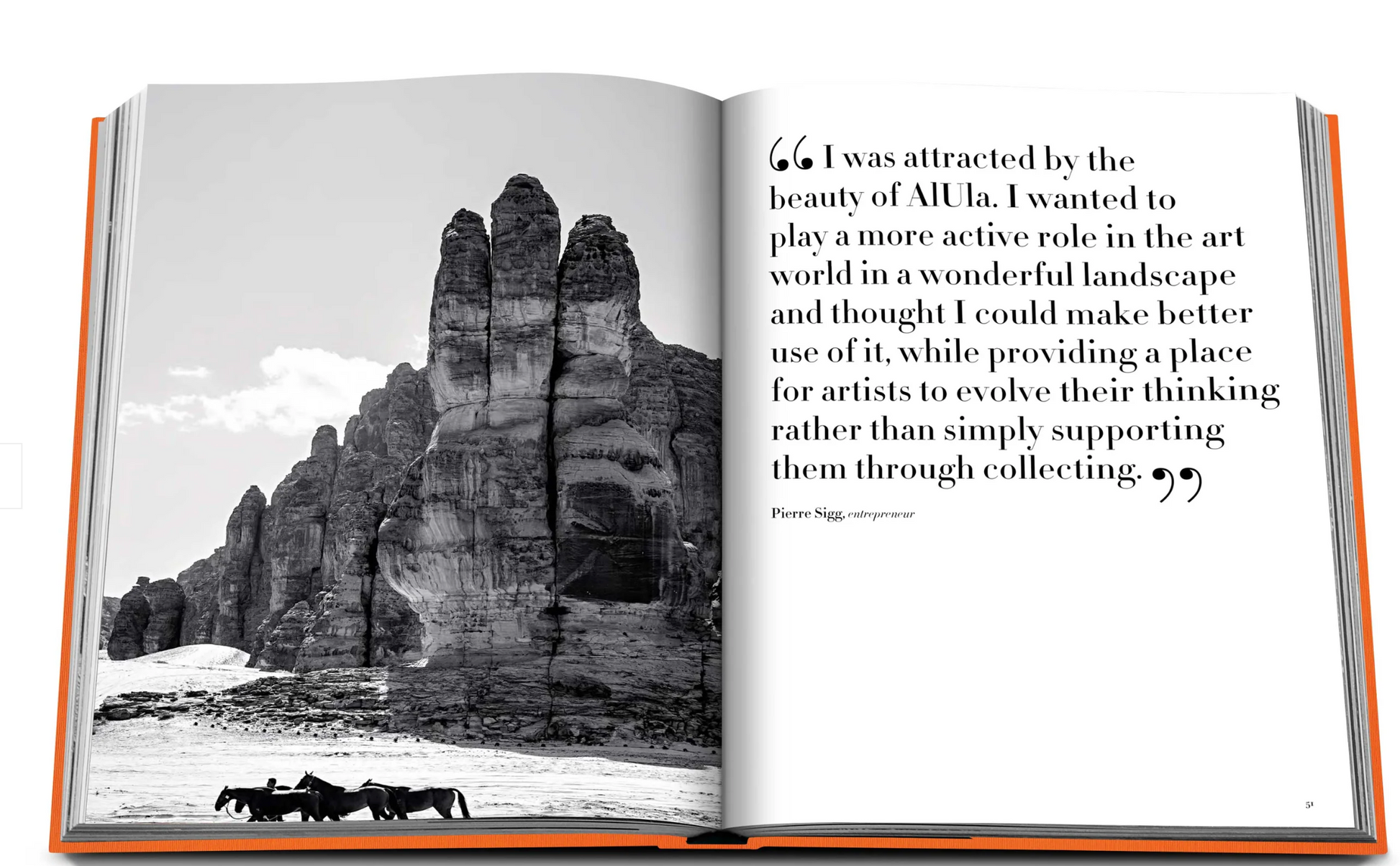 An open book shows a black-and-white photograph of rock formations with camels, set against the breathtaking landscapes of AlUla. The adjacent page features a quote by Pierre Sigg about AlUla's beauty and its significance to the art world, emphasizing its status as a UNESCO World Heritage Site in Saudi Arabia. The product name for this publication is "AlUla Ever.