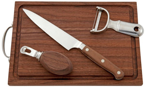 A wooden cutting board with a metal handle showcases high-performing tools: the Fortessa Signature Cocktail Garnishing Bar Tool Set is placed on it for an elevated cocktail experience.