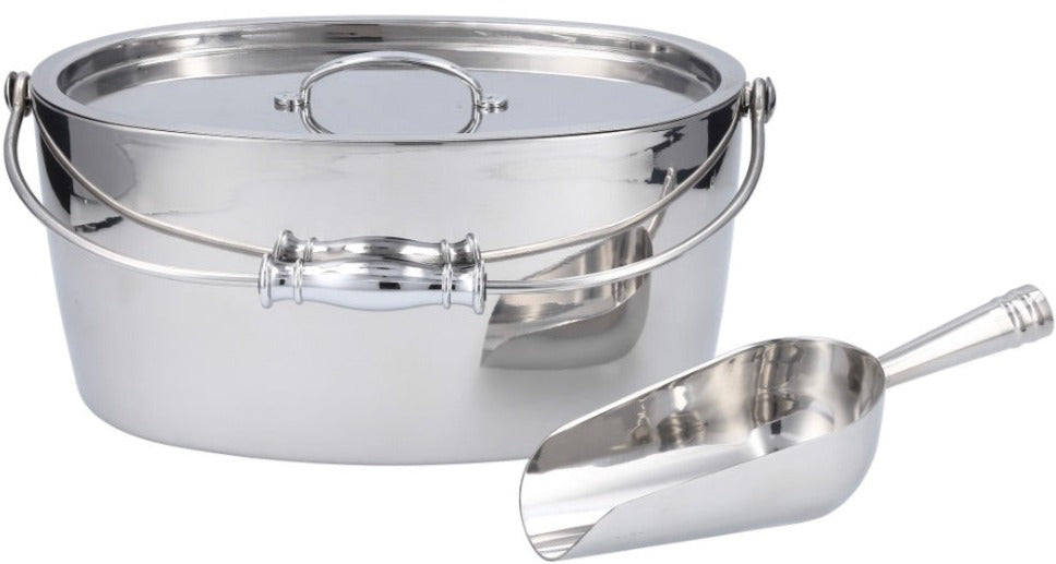 A Fortessa Crafthouse Oval Ice Bucket with Ice Scoop with an elegant design, featuring a lid, carrying handle, and a matching ice scoop placed in front of it.