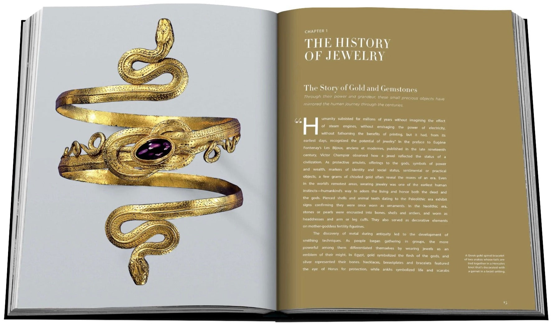 Open book displaying "Jewelry Guide: The Ultimate Compendium" with a golden snake-shaped bracelet adorned with a purple gemstone on one page and text on the other, highlighting the captivating allure of jewels through time.