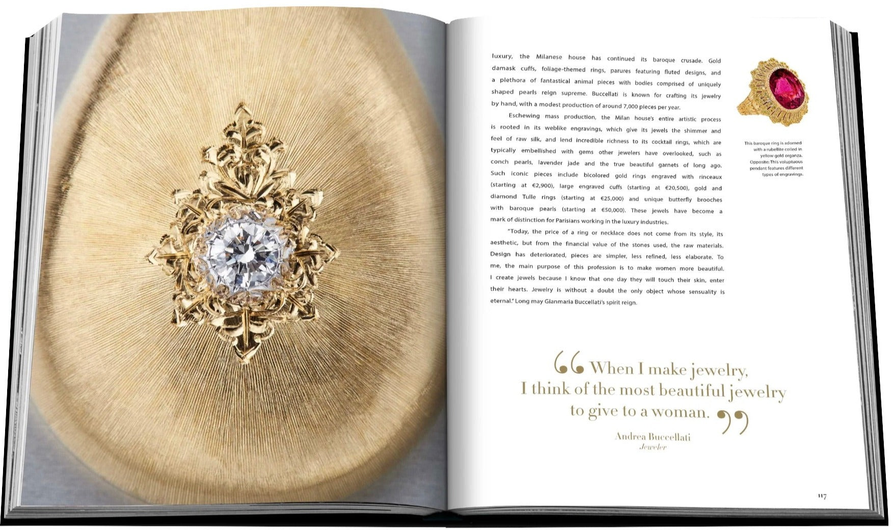 An open book displays an intricate gold brooch adorned with exquisite gems and a large central gemstone on the left page, while the right page features text including a quote and description about jewelry design in *Jewelry Guide: The Ultimate Compendium*.