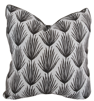 A Palm Parade Graphite Pillow from Associated Design with a custom black and white botanical leaf pattern.