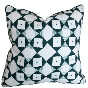 Broadway Liberty Blue Pillow featuring a geometric pattern with black and white diamonds, each containing a small square with a light blue dot in the center. Crafted from the finest materials, this pillow adds both style and comfort to any space.