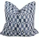 A square, 22" x 22" Harley Cornflower Pillow with a blue and white geometric pattern featuring various shapes, including squares and triangles. This handmade pillow adds a touch of artistry to any room.