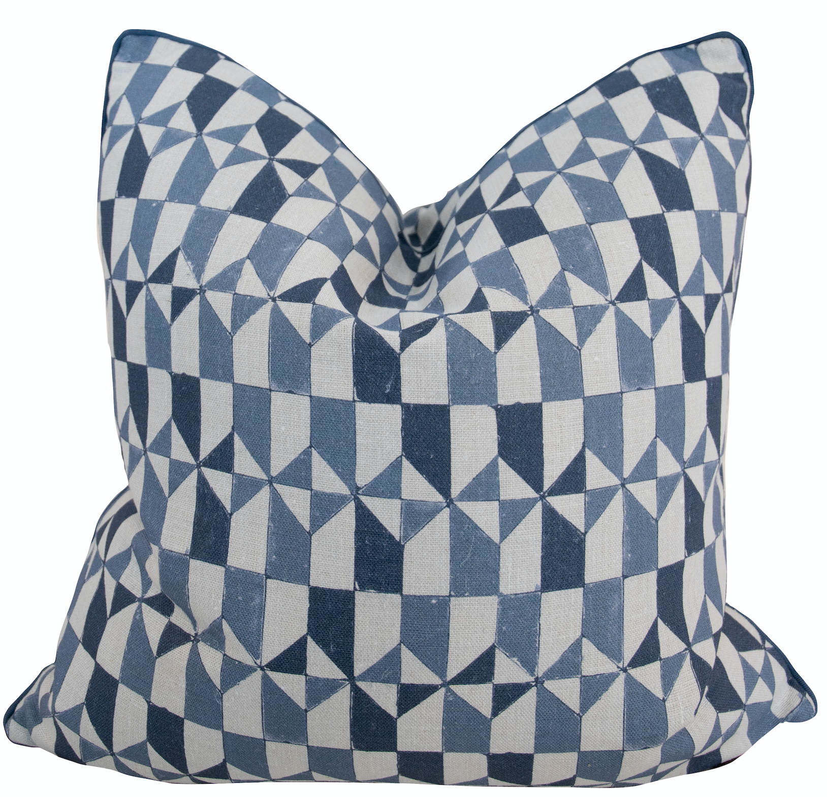 A square, 22" x 22" Harley Cornflower Pillow with a blue and white geometric pattern featuring various shapes, including squares and triangles. This handmade pillow adds a touch of artistry to any room.