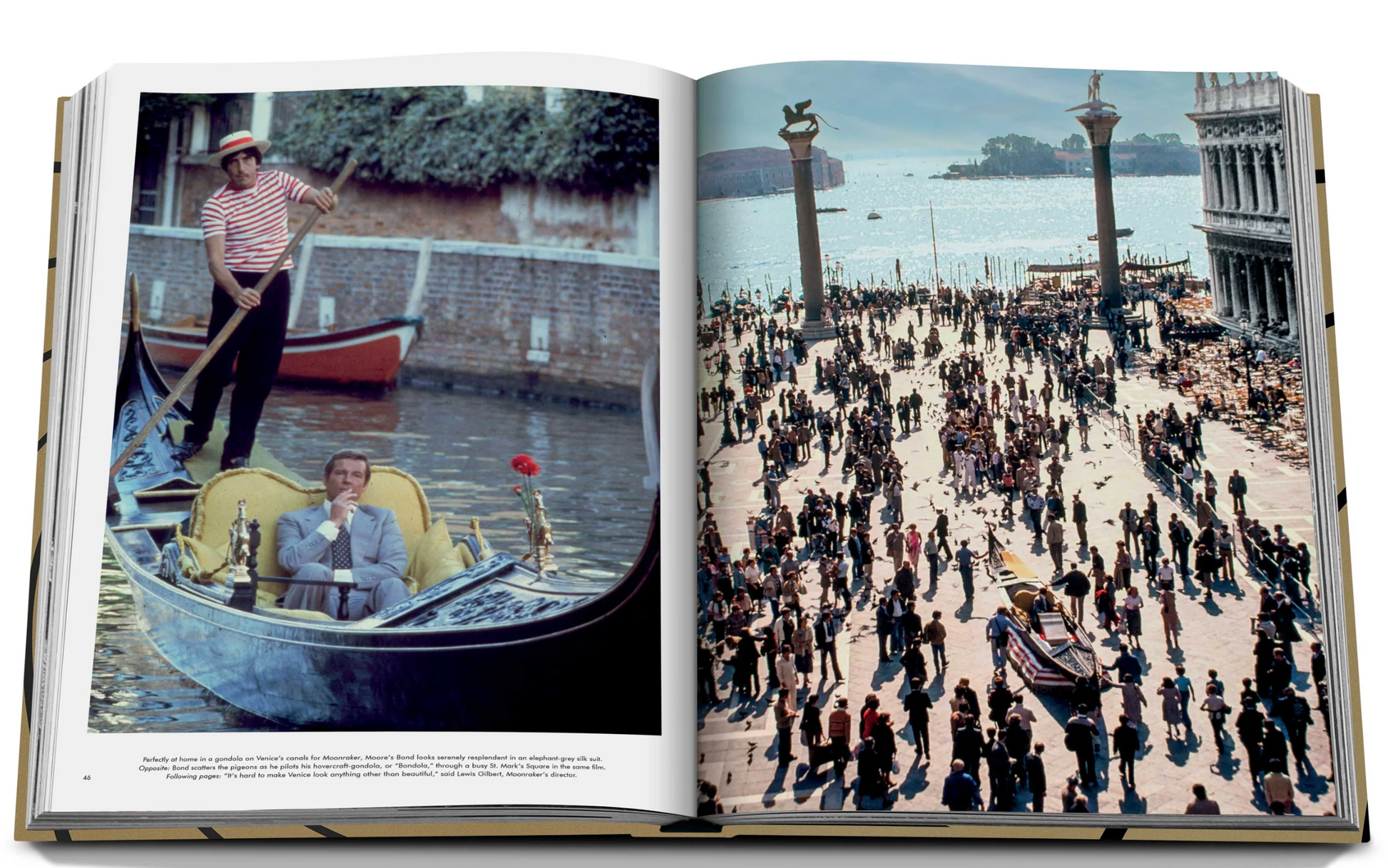 The open book displays two pages: the left page shows a person in a gondola with a gondolier, while the right page depicts a crowded waterfront area alive with people walking and boats in the water, reminiscent of French hospitality akin to Jean Imbert's culinary artistry at Plaza Athenee.