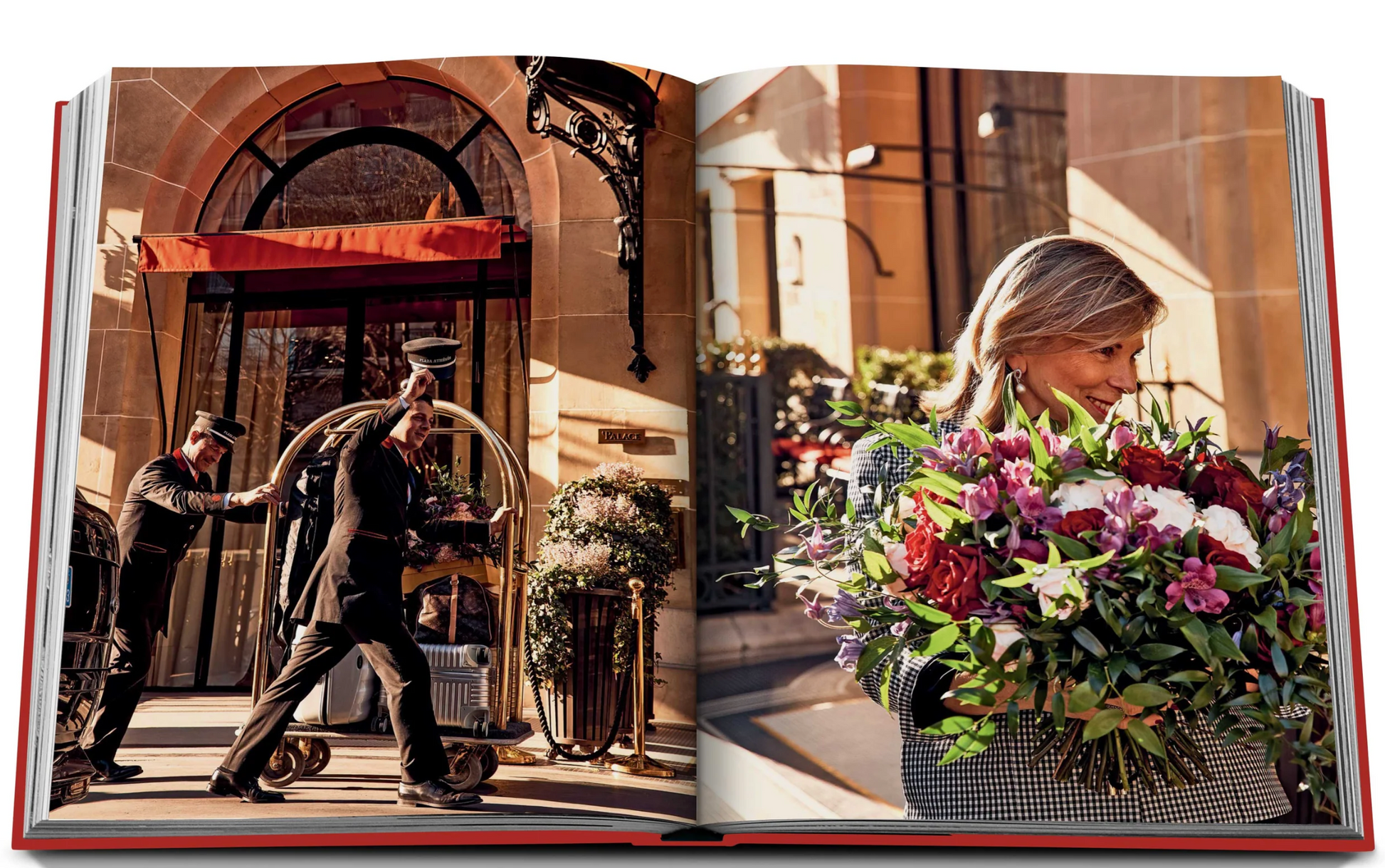 A woman carries a large bouquet of flowers outside Plaza Athenee, while two hotel staff members showcase French hospitality by moving luggage in the background.