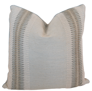 The Tangier Celadon Pillow Down with light beige fabric and vertical stitched patterns in white and gray on both sides, crafted using the finest materials.