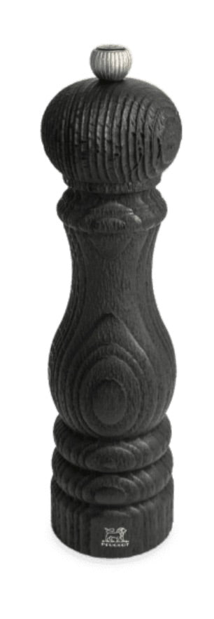 A Paris Nature Black Wood Salt and Pepper Mill Collection with a black finish, featuring a metal knob on top. The body has a textured pattern and a logo near the base. It boasts an adjustable grind setting for precision seasoning.