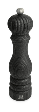 A Paris Nature Black Wood Salt and Pepper Mill Collection with intricate grooves and a silver knob at the top. Featuring an adjustable grind setting and coated in an eco-friendly varnish, the base also has a small logo.