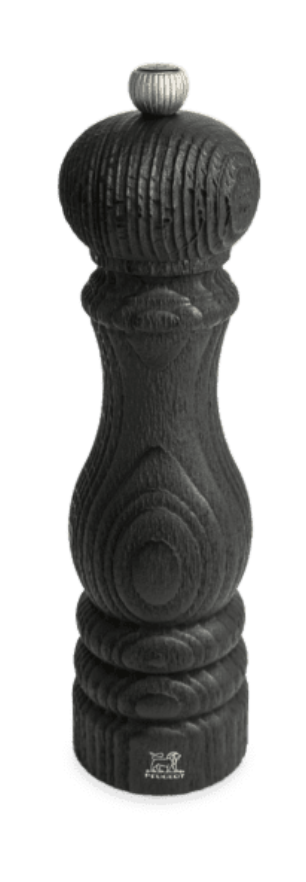 A Paris Nature Black Wood Salt and Pepper Mill Collection with intricate grooves and a silver knob at the top. Featuring an adjustable grind setting and coated in an eco-friendly varnish, the base also has a small logo.