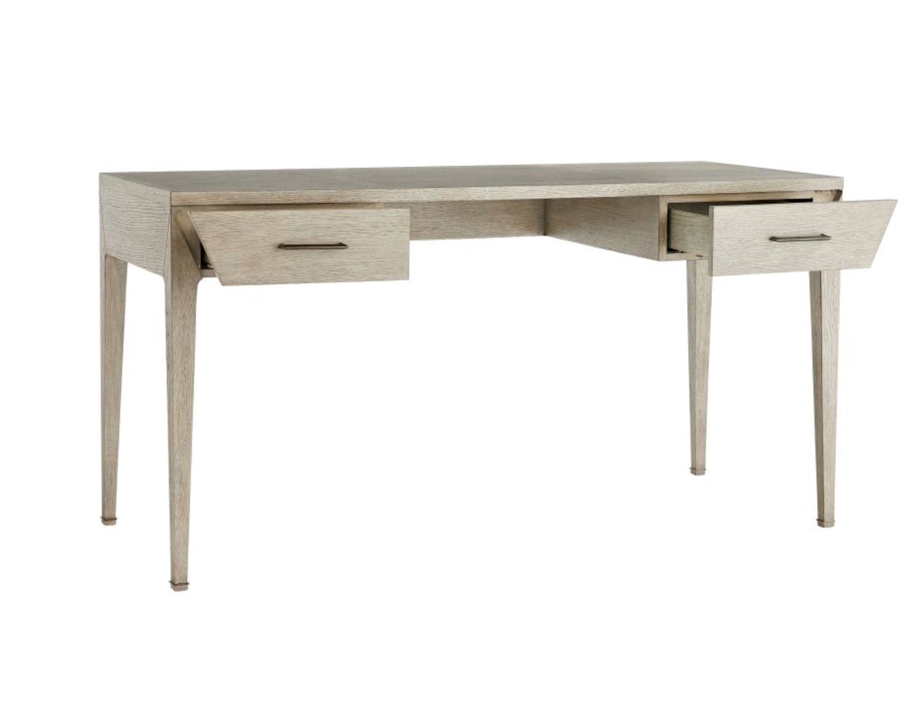 The Dublin Desk is a compact piece made from light wood, featuring two drawers with simple handles and slender, tapered legs.