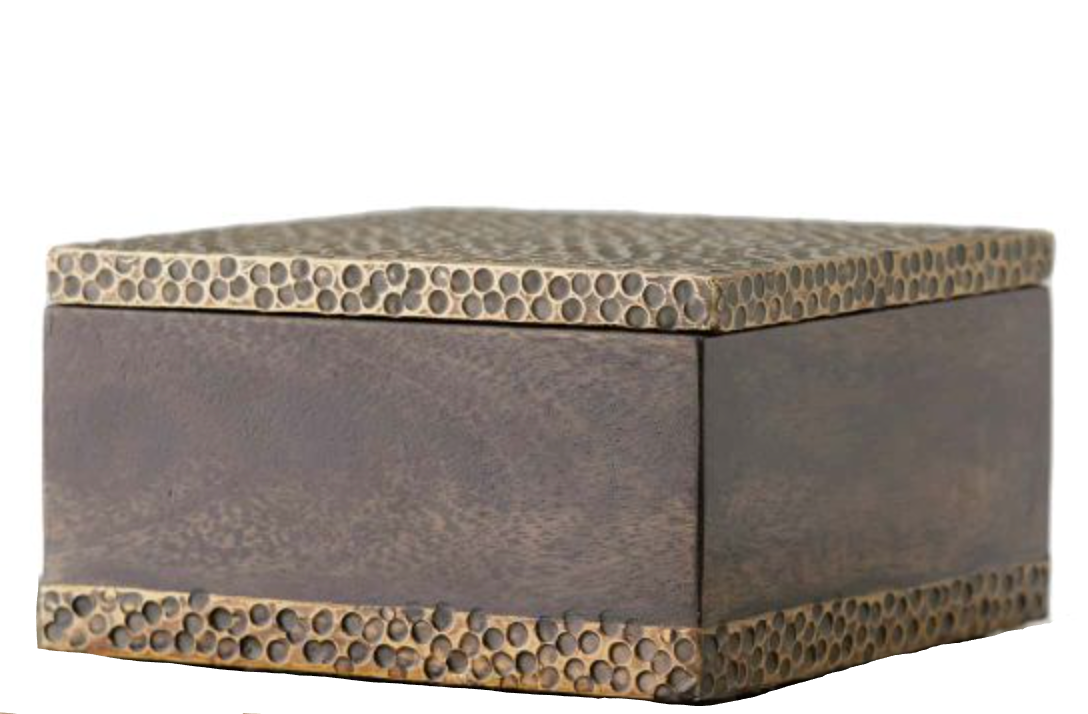 The Small Turney Box is a square walnut-stained mango wood catchall with a textured metallic circular pattern on its edges and a plain center panel.