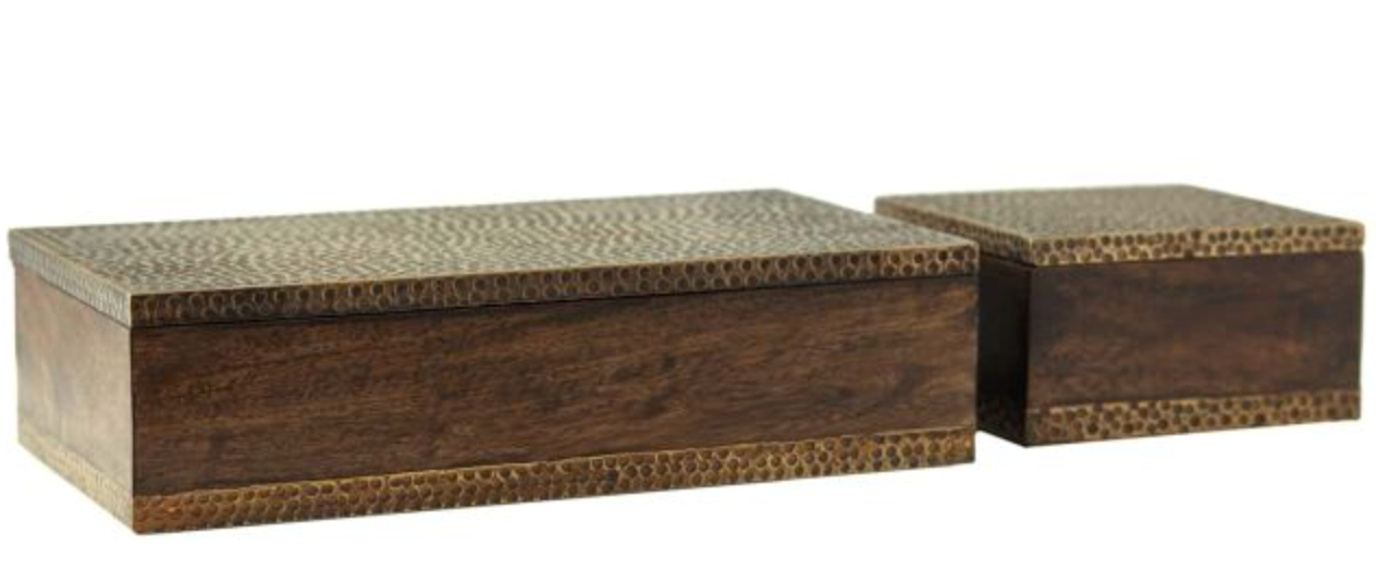 The Small Turney Box is a rectangular walnut-stained mango wood box with a textured, metallic-colored lid and border, offering stylish midcentury storage.
