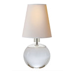 The Tiny Terri Round Accent Lamp features a clear round crystal base and a white cone-shaped fabric shade, casting a petite glow against a plain white background.