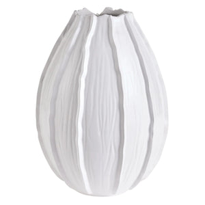 The Savona Vase features Italian craftsmanship with a white ceramic body, textured ridges, and an irregular wavy rim, all handmade in Tuscany.