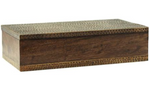 The Large Turney Box is a rectangular walnut-stained mango wood box with a textured, patterned lid and matching trim, evoking classic midcentury style—a decorative catchall shown on a white background.
