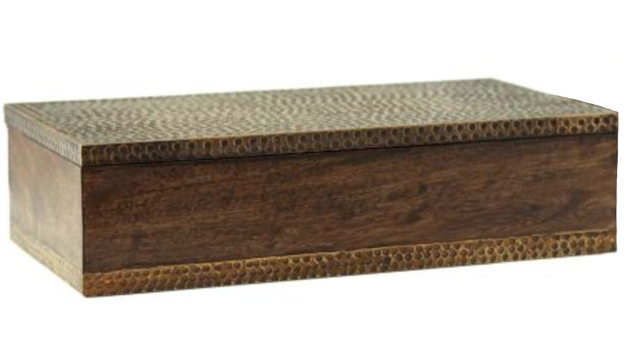 The Large Turney Box is a rectangular walnut-stained mango wood box with a textured, patterned lid and matching trim, evoking classic midcentury style—a decorative catchall shown on a white background.