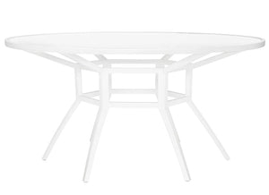 The Slant Outdoor Round Dining Table features a glass top and white metal frame with six angled legs—ideal for alfresco dining or outdoor entertaining, shown against a plain white background.