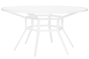 The Slant Outdoor Round Dining Table has a glass top, white metal frame, and six angled legs—ideal for stylish outdoor entertaining or relaxed alfresco dining.