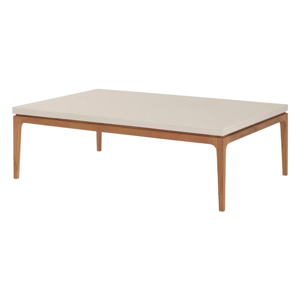 The Sloop Rectangle Cocktail Table in Natural Teak with Bianco Crema Dune brings tropical flair to your coastal living space, featuring a beige top and wooden legs. Shown on a white background.