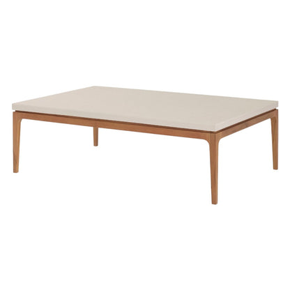 The Sloop Rectangle Cocktail Table in Natural Teak with Bianco Crema Dune brings tropical flair to your coastal living space, featuring a beige top and wooden legs. Shown on a white background.