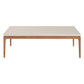 The Sloop Rectangle Cocktail Table in Natural Teak with Bianco Crema Dune features a light top and wooden legs, capturing coastal style, shown against a plain white background.