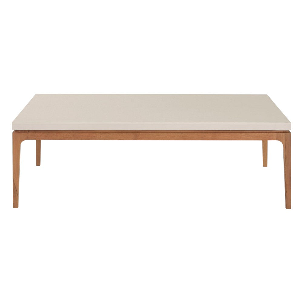 The Sloop Rectangle Cocktail Table in Natural Teak with Bianco Crema Dune features a light top and wooden legs, capturing coastal style, shown against a plain white background.