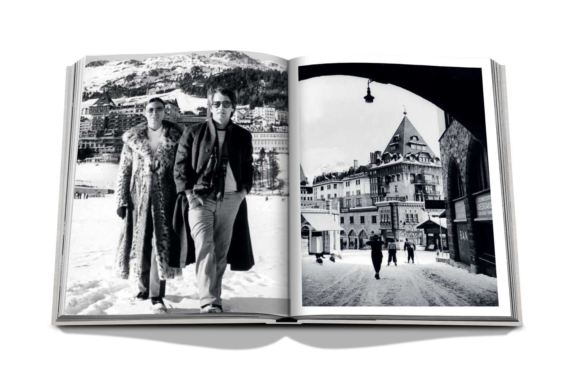 An open book displaying black and white photographs of a couple on the left and a snowy street scene from the Snow Polo World Cup in St. Moritz on the right, featuring Assouline's St. Moritz Chic.