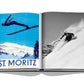 An open magazine displaying a vintage ski jump advertisement on the left and a black and white photo of a snowboarder at the Assouline St. Moritz Chic Snow Polo World Cup on the right.