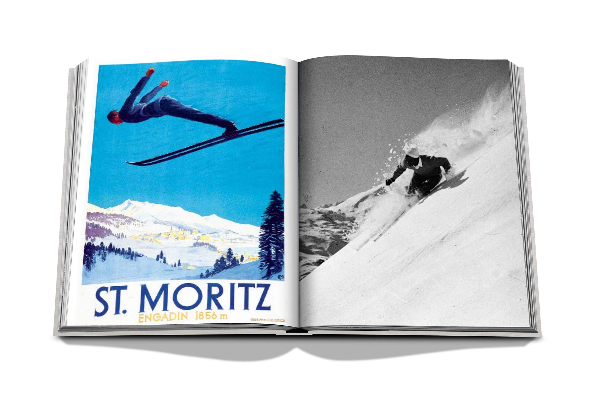 An open magazine displaying a vintage ski jump advertisement on the left and a black and white photo of a snowboarder at the Assouline St. Moritz Chic Snow Polo World Cup on the right.