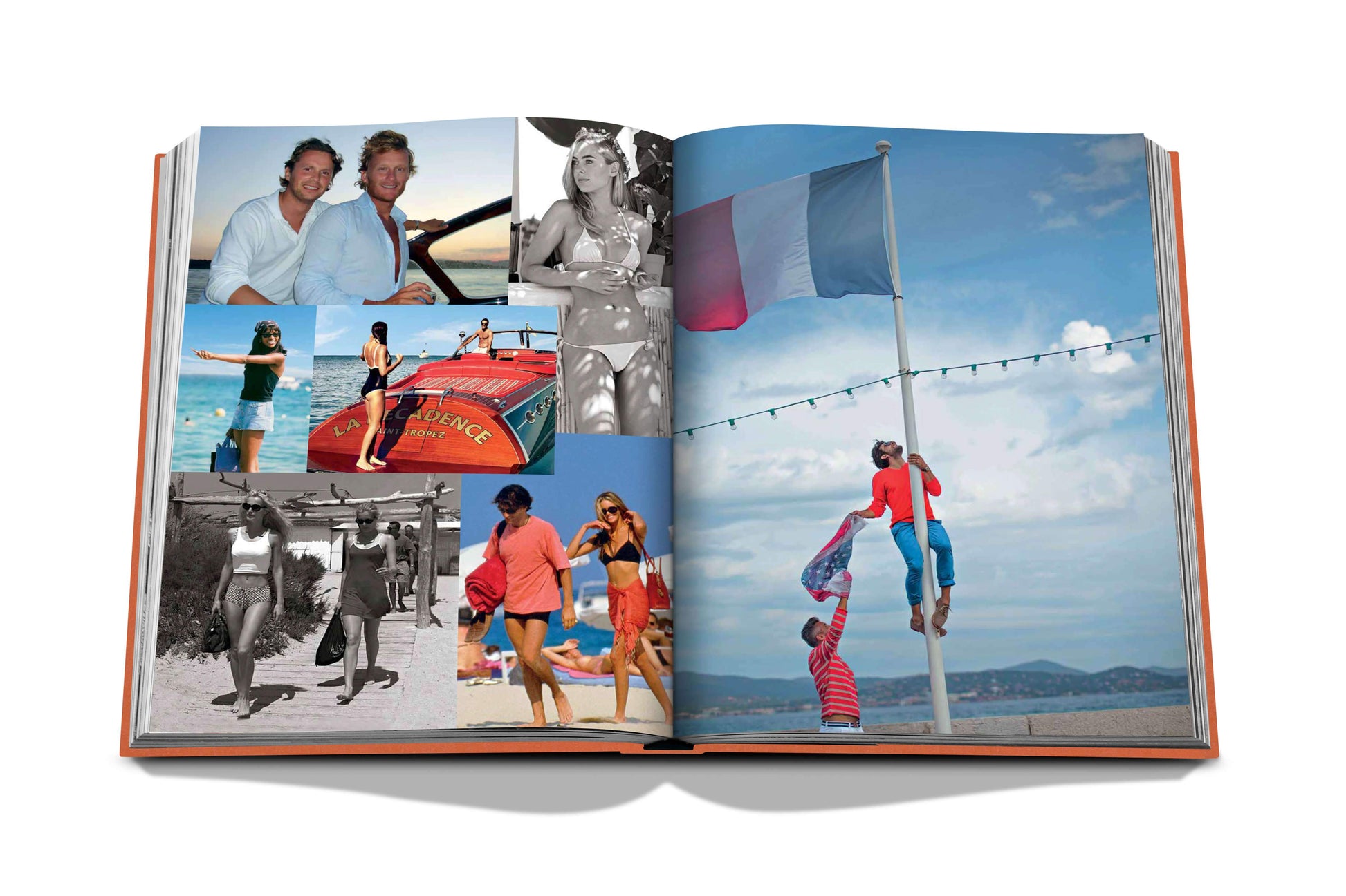 An open photo album showing various images of people at a beach, including a couple in swimsuits, a woman climbing a flagpole, and a retro black-and-white photo of people strolling by the shore; it feels reminiscent of carefree days at St Tropez Soleil.