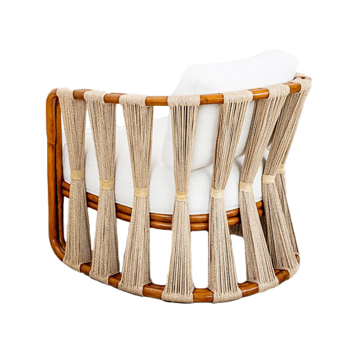 A Strings Attached Lounge Chair with a natural finish, rope detailing, and a white upholstered seat, viewed from the back.