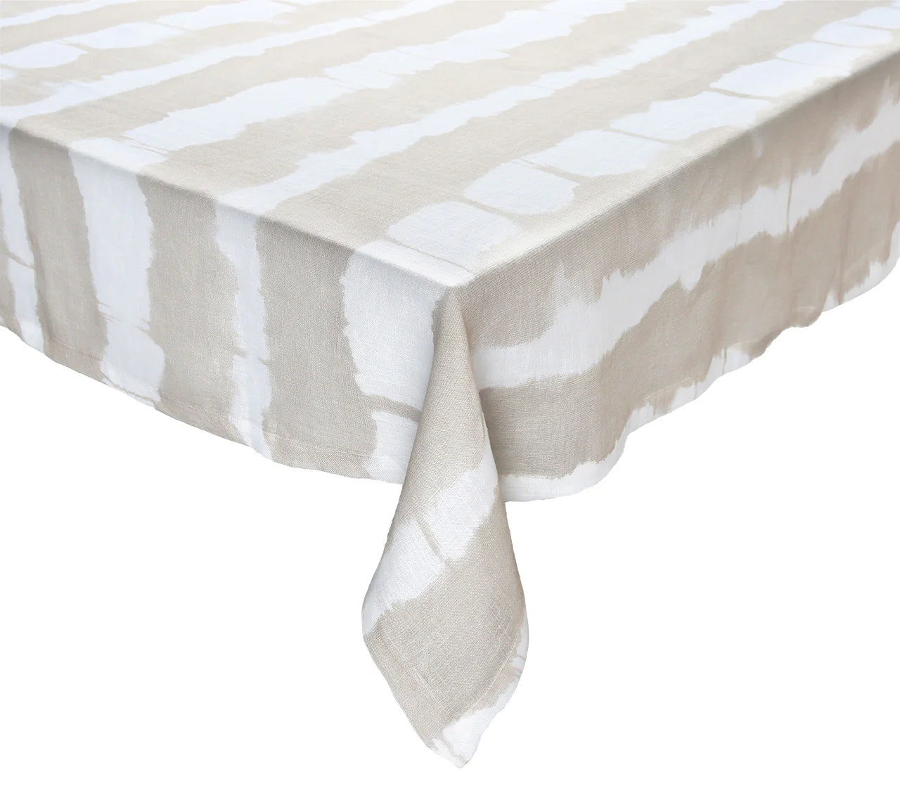 Rectangular table draped with our KS Watercolor Stripe White & Natural tablecloth, featuring an abstract beige and white stripe pattern—ideal for your summer gatherings.