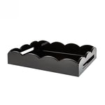 The Scalloped Lacquer Tray in Black, featuring scalloped edges and side handles, is ideal as a drinks tray and is displayed on a white background.