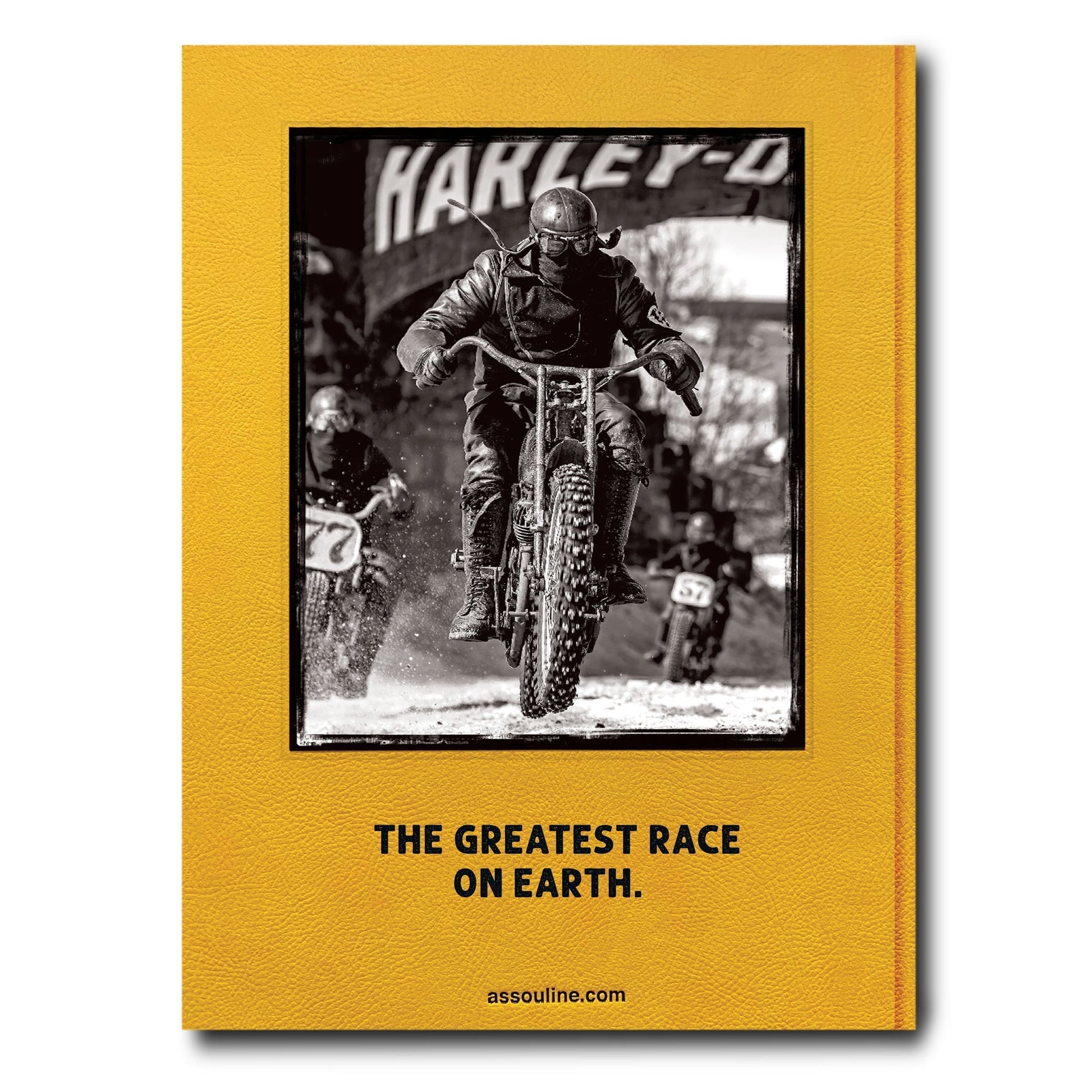A motorcyclist mid-jump in the Assouline Race of Gentlemen, with the caption "the greatest race on earth".