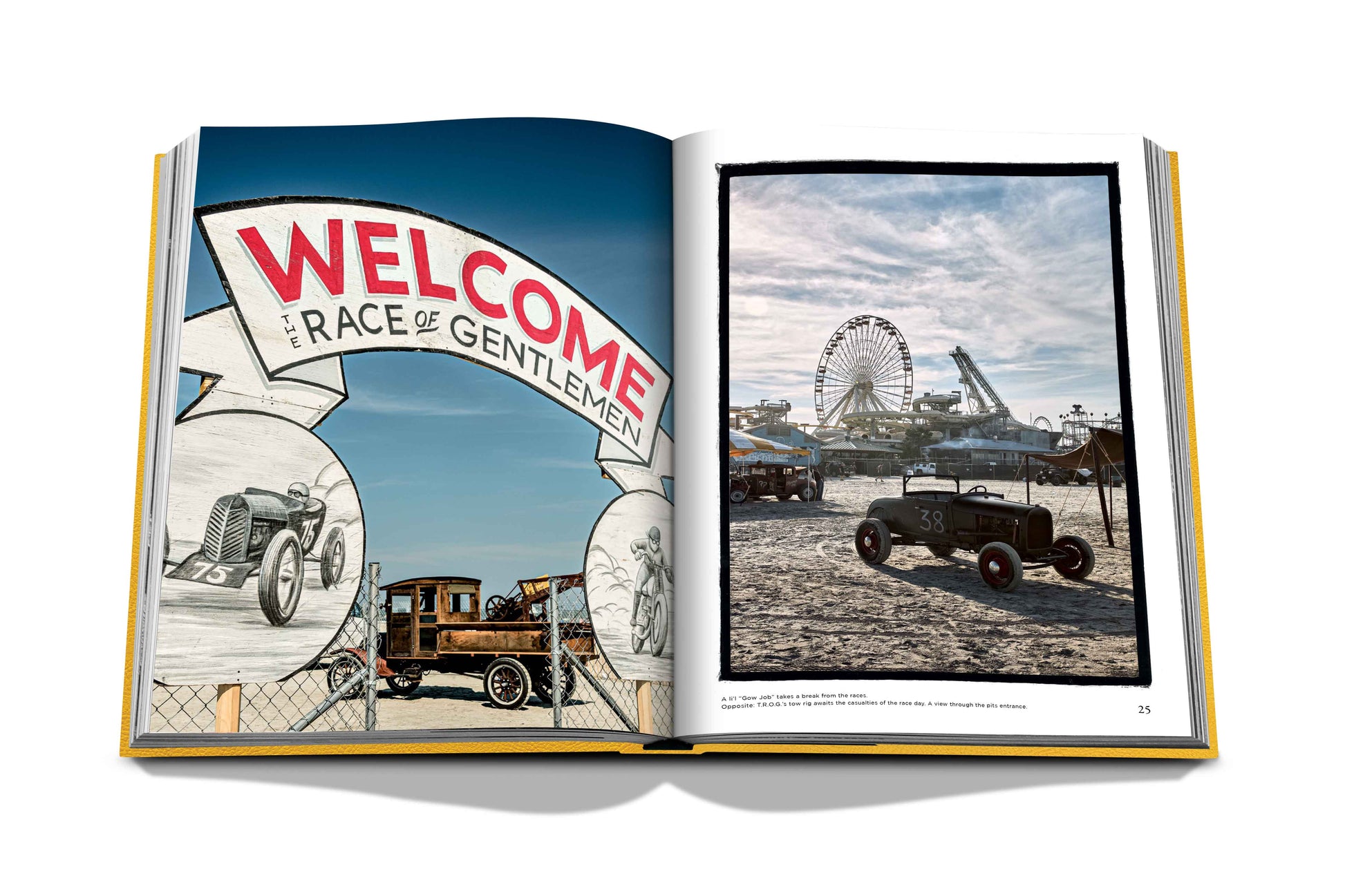 Open book featuring "The Race of Gentlemen" event titled "Race of Gentlemen" with illustrations and a photograph of American hot rod culture on a beachside race track by Assouline.