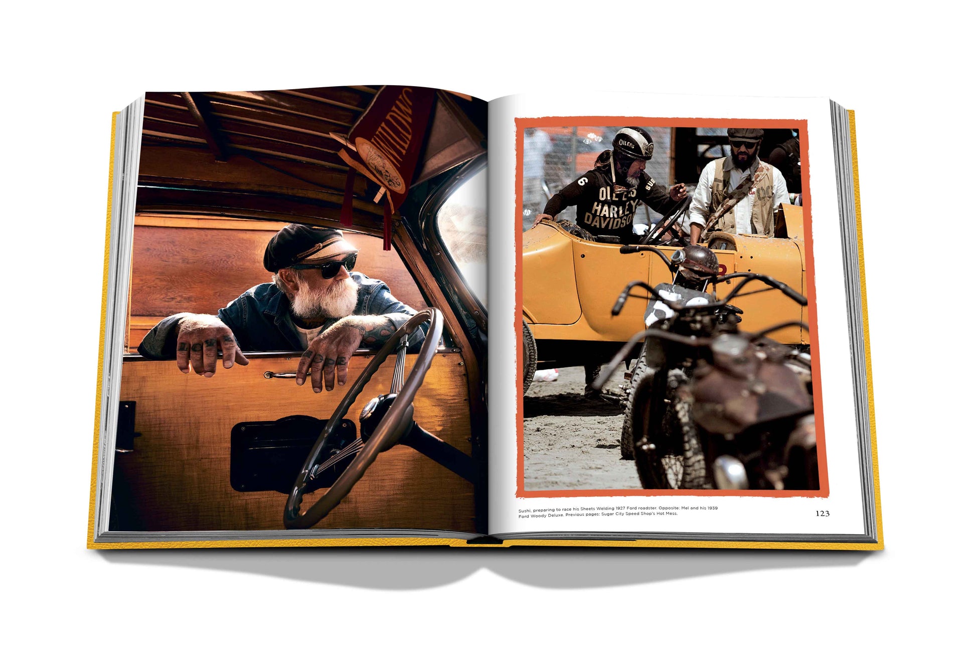An open book displaying two photos on a spread, with the left side showing a man driving a vintage car emblematic of American hot rod culture, and the right side featuring a person riding a classic motorcycle from The Race of Gentlemen by Assouline.